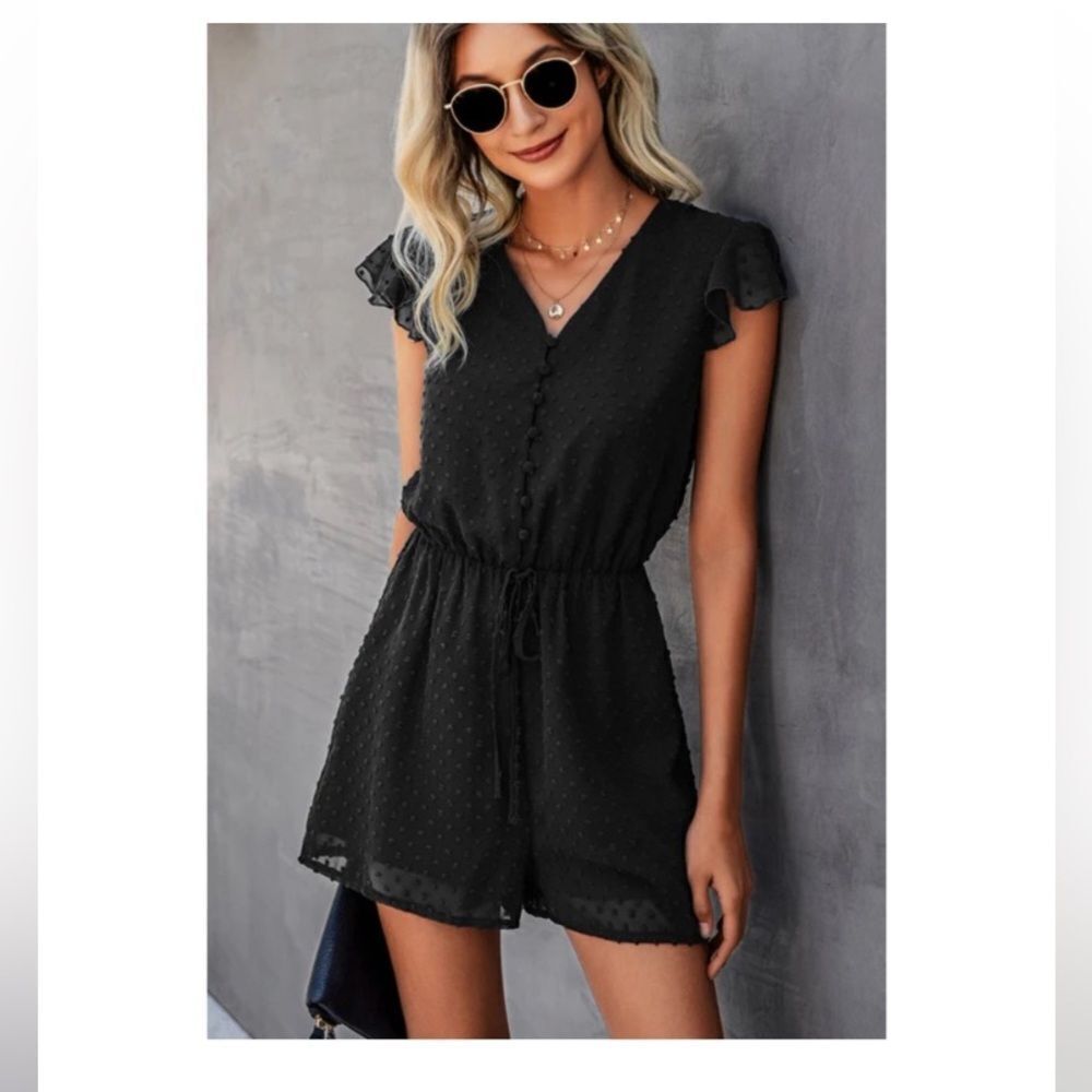 NWT BEACHSISSI S Black Dotted Ruffled Shoulder Lined Jumper